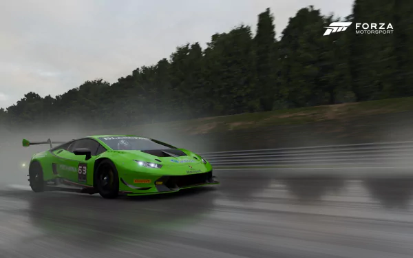HD PC desktop wallpaper and background from the video game Forza Motorsport 6: green GT race car sliding across a wet track, motion blur and tree-lined backdrop with the Forza logo.