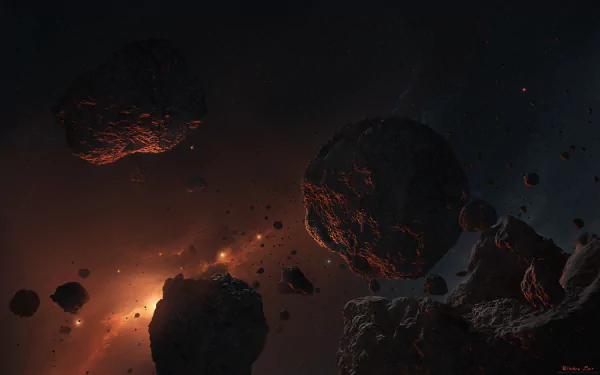 HD Sci-Fi desktop wallpaper featuring a dramatic scene of large asteroids floating in dark space illuminated by a distant glowing light.