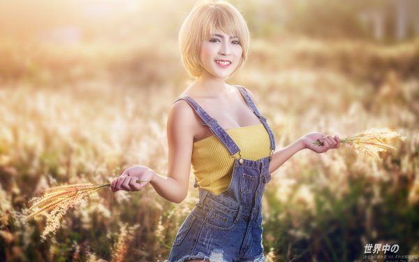 Women Asian Model Smile Short Hair Depth Of Field Blonde Brown Eyes Summer HD Wallpaper | Background Image