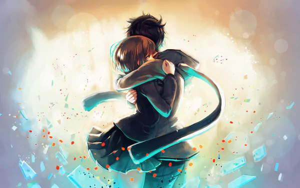 A dramatic HD wallpaper featuring Hibiki Kuze and Io Nitta from Devil Survivor 2: The Animation, capturing an emotional embrace against a vibrant, shattered backdrop.