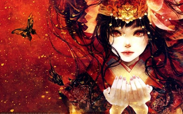 Anime Girl Red Butterfly Flower HD Wallpaper | Background Image