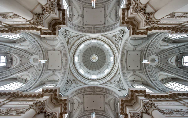 Interior view of the ornate dome and ceiling of St Aubin's Cathedral in Namur, Belgium, captured in stunning 4K Ultra HD detail.