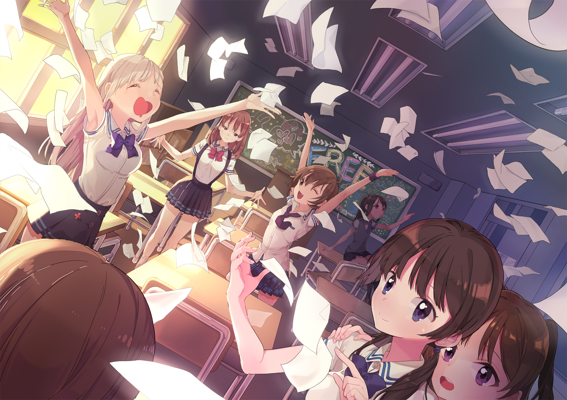 HD anime-style original artwork depicting energetic schoolgirls amidst flying papers in a brightly lit, dynamic classroom scene, designed as a PC desktop wallpaper.