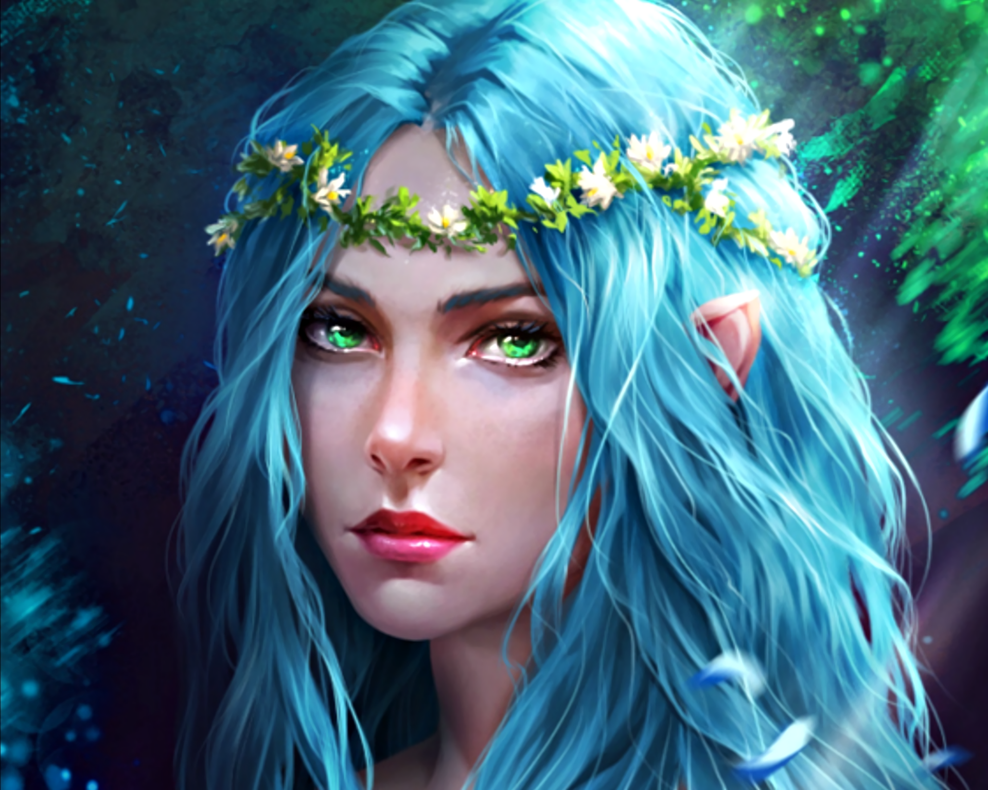 Enchanted Elf: Blue-Haired Beauty with Emerald Eyes and Floral Wreath ...