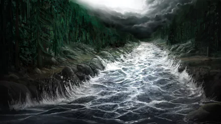 Artistic 4K Ultra HD painting of a turbulent river flowing through a dark, dense forest under a stormy sky, designed as a PC desktop wallpaper.