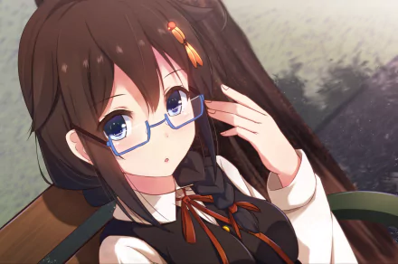 A serene HD desktop wallpaper featuring Shigure from Kantai Collection, captured in an engaging moment with glasses, reflecting a charming anime style.