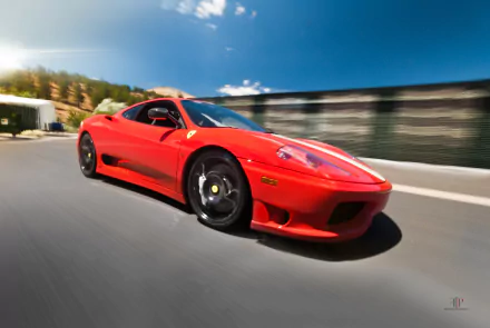 Red Ferrari 360 Challenge Stradale supercar racing past with motion blur — 4K Ultra HD PC desktop wallpaper and vehicle background.