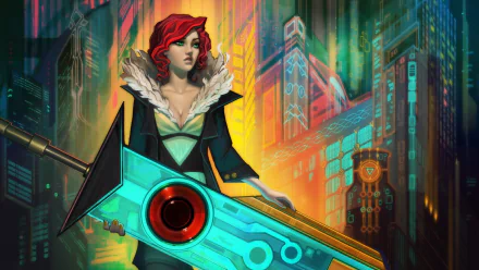 HD PC desktop wallpaper featuring the red-haired protagonist from the video game Transistor, holding a futuristic glowing sword in a vibrant cyberpunk cityscape.