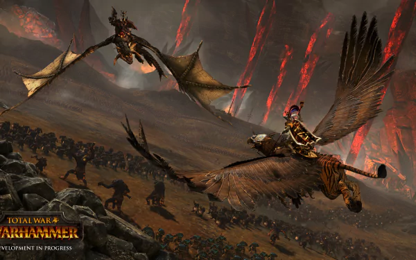 HD wallpaper of Total War: Warhammer featuring a rider on a flying beast above a battlefield.