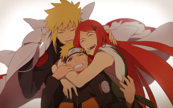 HD desktop wallpaper featuring anime characters Naruto Uzumaki, Minato Namikaze, and Kushina Uzumaki from Naruto, sharing an affectionate family moment.