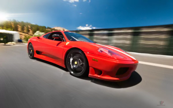 Red Ferrari 360 Challenge Stradale supercar racing past with motion blur — 4K Ultra HD PC desktop wallpaper and vehicle background.
