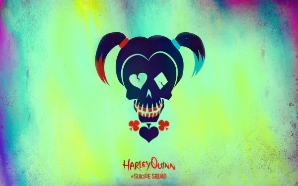 HD desktop wallpaper featuring a colorful abstract skull design representing Harley Quinn from the movie Suicide Squad. The background is a vibrant mix of green, yellow, pink, and blue hues.