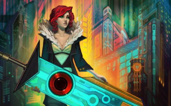 HD PC desktop wallpaper featuring the red-haired protagonist from the video game Transistor, holding a futuristic glowing sword in a vibrant cyberpunk cityscape.