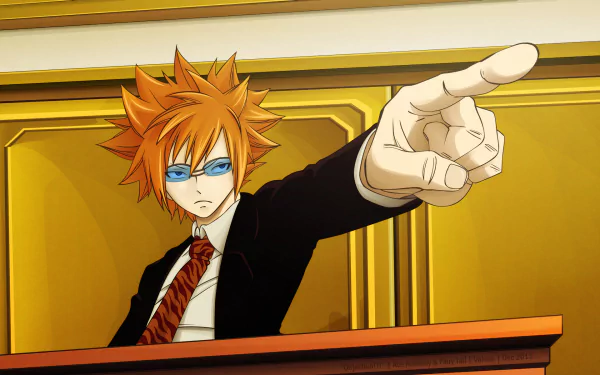 HD PC desktop wallpaper featuring Loki from Fairy Tail anime, depicted with spiky orange hair, blue glasses, and a black suit pointing forward confidently.