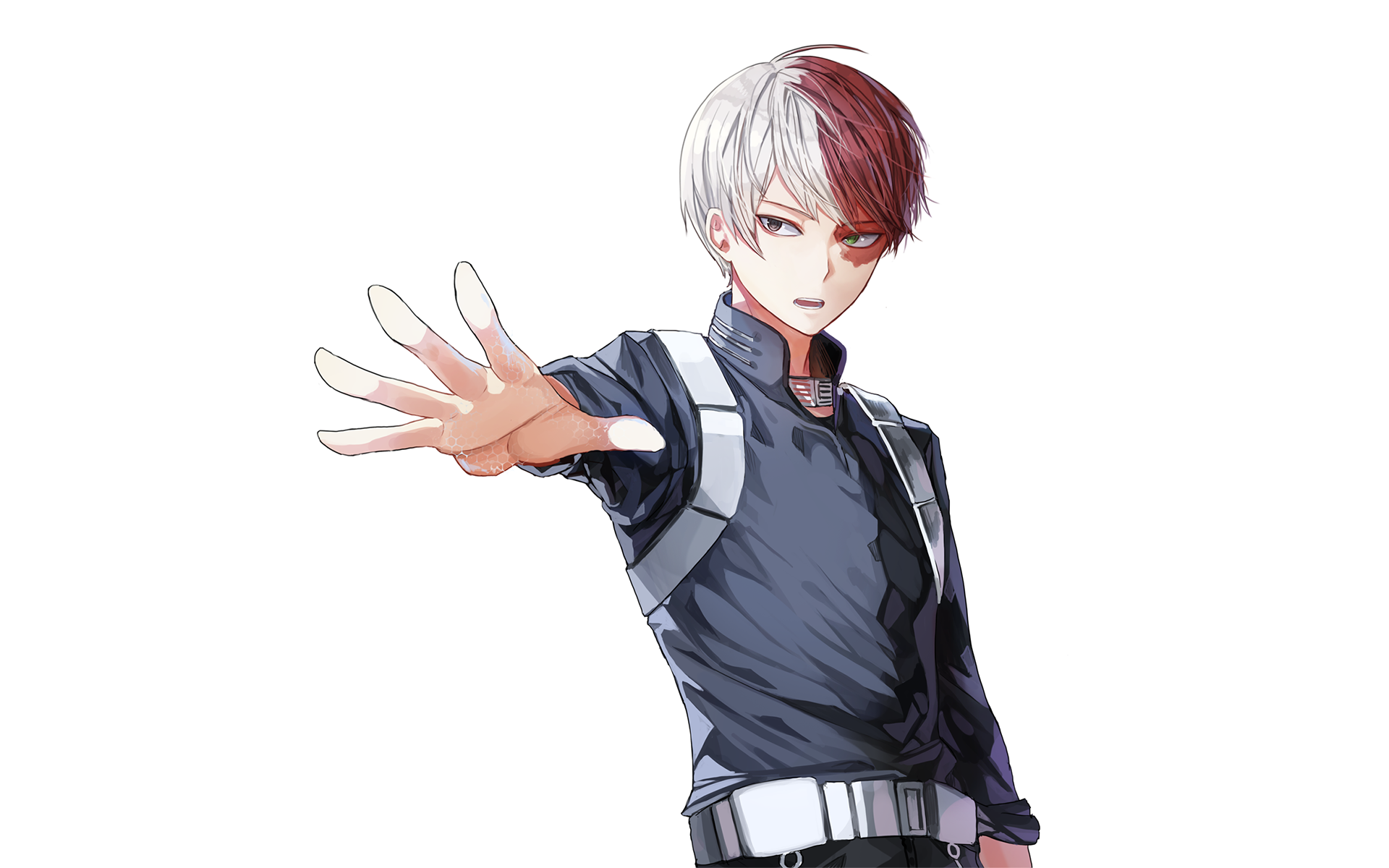 HD desktop wallpaper of Shoto Todoroki from the anime My Hero Academia, showcasing his distinct half-red, half-white hair and fierce expression, with an extended hand gesture against a clean background.