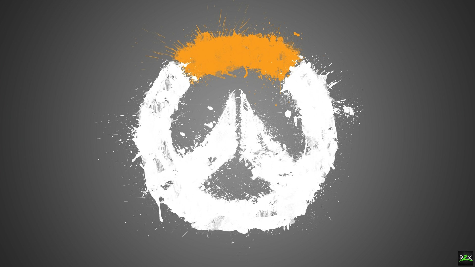 HD desktop wallpaper featuring the Overwatch logo with a splash effect on a grey background.