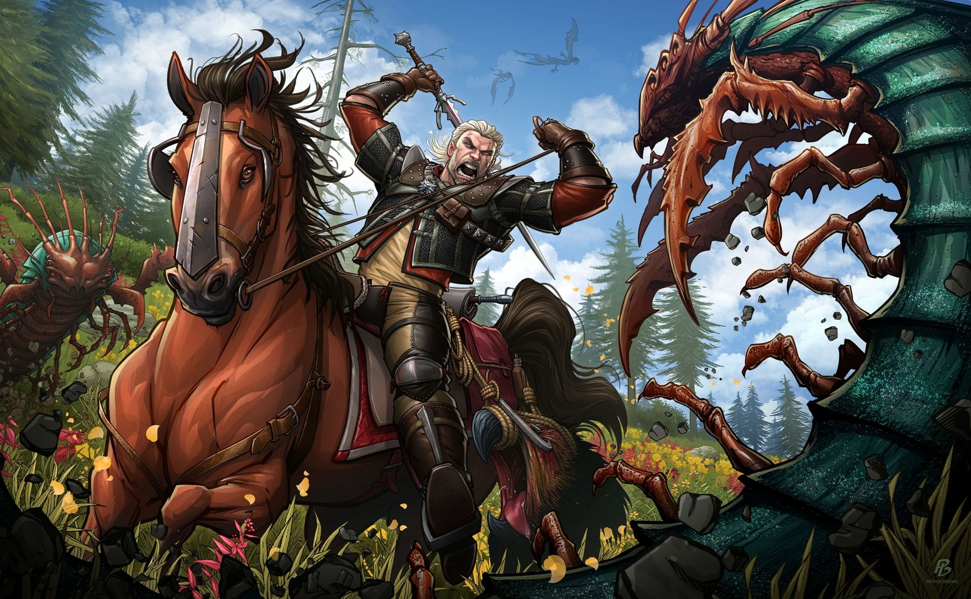 Geralt of Rivia battles a monstrous creature while riding a horse in this vibrant HD desktop wallpaper from The Witcher 3: Wild Hunt, showcasing the game's intense action and rich fantasy world.