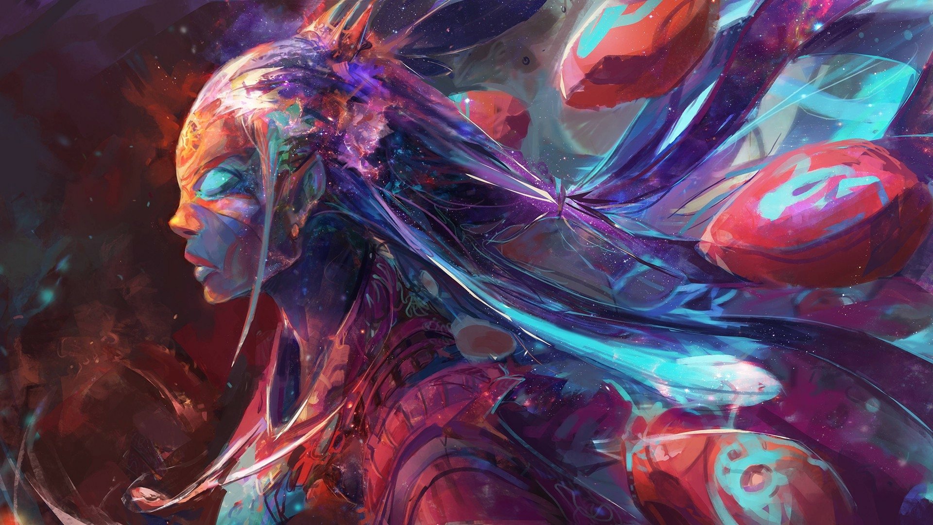 A vibrant fantasy scene features a colorful woman with flowing hair, surrounded by abstract shapes, creating an enchanting visual for an HD desktop wallpaper and background.