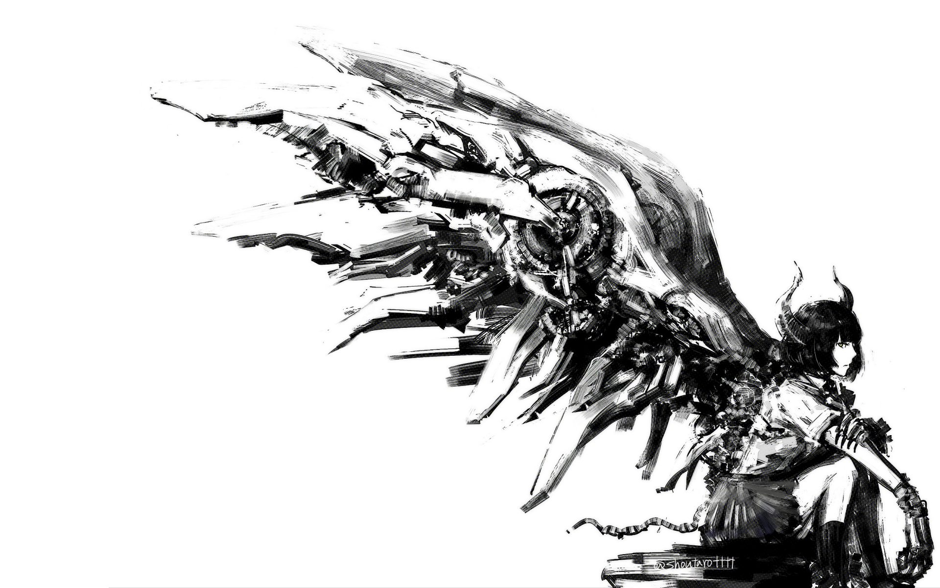 A striking black-and-white HD anime wallpaper featuring a character with intricate mechanical wings, blending dynamic elements with a bold artistic style.