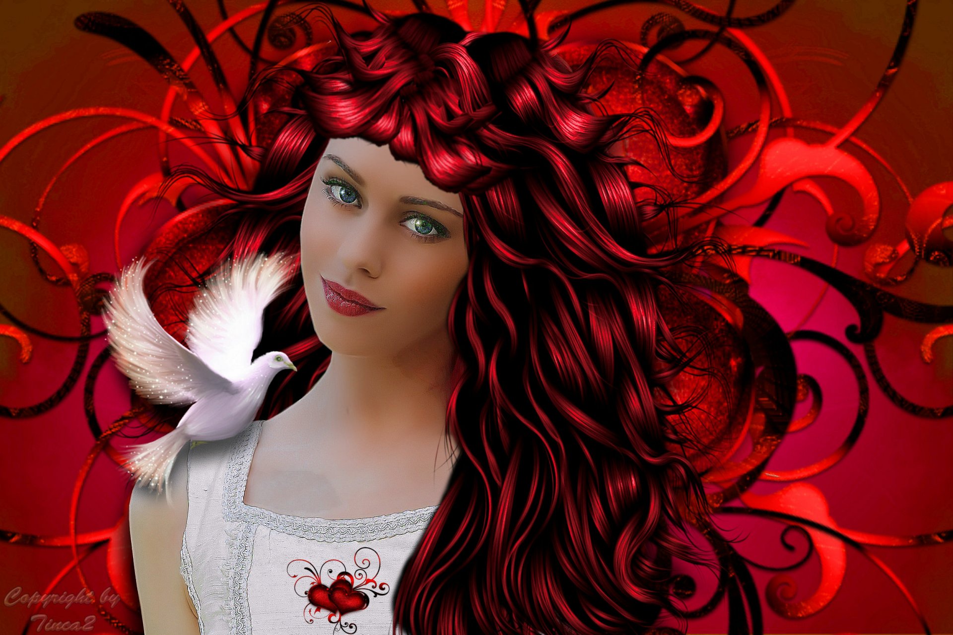 HD fantasy desktop wallpaper featuring a redhead woman with flowing hair, a white dove, and a heart motif against a vibrant red background.