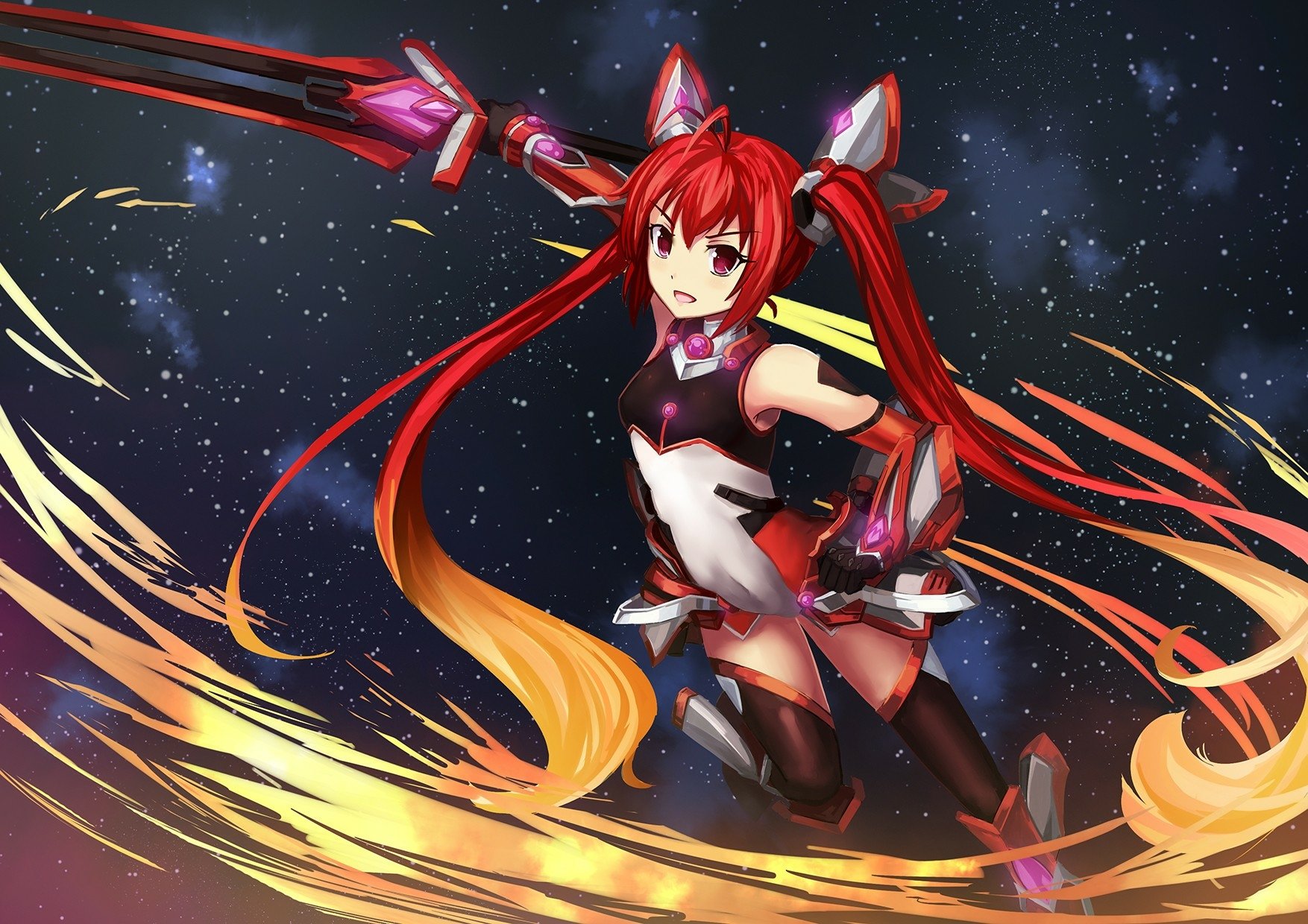 HD PC desktop wallpaper featuring Souji Mitsuka from the anime Ore Twintail ni Narimasu (Gonna be the Twin-Tail!!) wielding a sword in a dynamic space background.