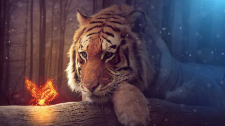 A mesmerizing HD wallpaper features a tiger resting beside a glowing firefly, set against a mystical forest backdrop, showcasing stunning photography manipulation.