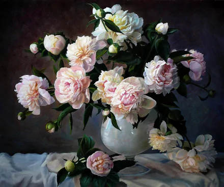 A detailed still life painting of a white vase filled with blooming pink peonies and roses, rendered as an HD PC desktop wallpaper and background.