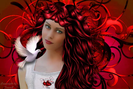 HD fantasy desktop wallpaper featuring a redhead woman with flowing hair, a white dove, and a heart motif against a vibrant red background.