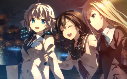 A vibrant anime scene depicting three friends sharing a joyful moment against a nighttime backdrop, serving as an original HD PC desktop wallpaper and background.
