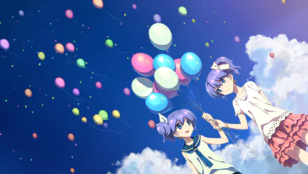 4K Ultra HD PC desktop wallpaper of DJMax characters Seha and Nina Klatt holding colorful balloons against a bright, star-speckled blue sky.