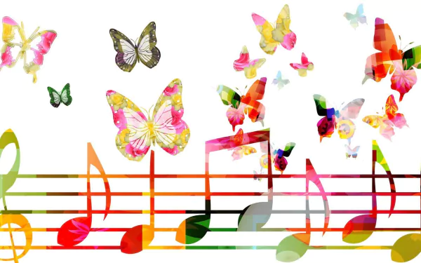 Colorful artistic 2K Quad HD PC desktop wallpaper: vibrant butterflies and multicolored musical notes flowing across a white background.