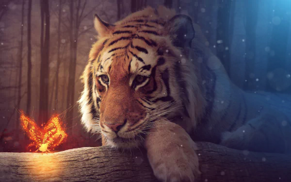 A mesmerizing HD wallpaper features a tiger resting beside a glowing firefly, set against a mystical forest backdrop, showcasing stunning photography manipulation.