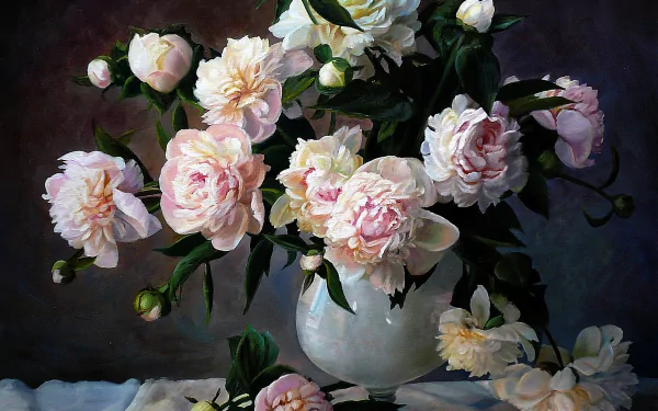 A detailed still life painting of a white vase filled with blooming pink peonies and roses, rendered as an HD PC desktop wallpaper and background.