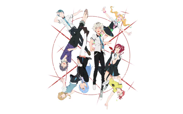 Anime-themed HD wallpaper featuring Katsuhira Agata and Chidori Takashiro from Kiznaiver, surrounded by other characters in a dynamic, colorful design.