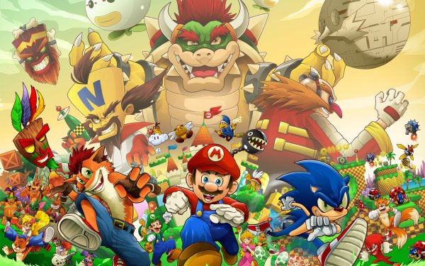 Video Game Crossover Crash Bandicoot Super Mario Bros. Sonic the Hedgehog Sony Nintendo Sega Mario Bowser Miles 'Tails' Prower Knuckles the Echidna Doctor Eggman HD Wallpaper | Background Image