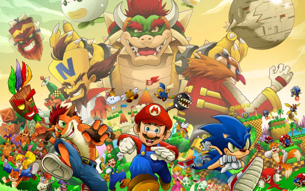 A vibrant HD wallpaper featuring iconic video game characters, including Doctor Eggman, Knuckles, Tails, Bowser, and Mario, celebrating a crossover of Sega and Nintendo universes.