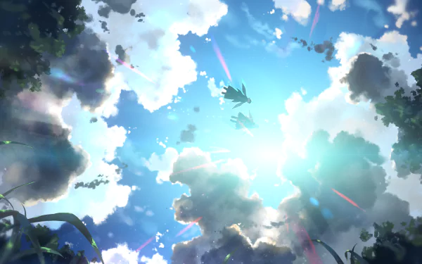 A vivid 4K Ultra HD wallpaper featuring Kirito and Leafa from Sword Art Online flying through a vibrant blue sky filled with fluffy clouds and beams of light.