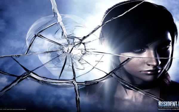HD PC desktop wallpaper and background for the video game Resident Evil: The Darkside Chronicles — cracked glass shards over a blue-lit, somber female character's face.