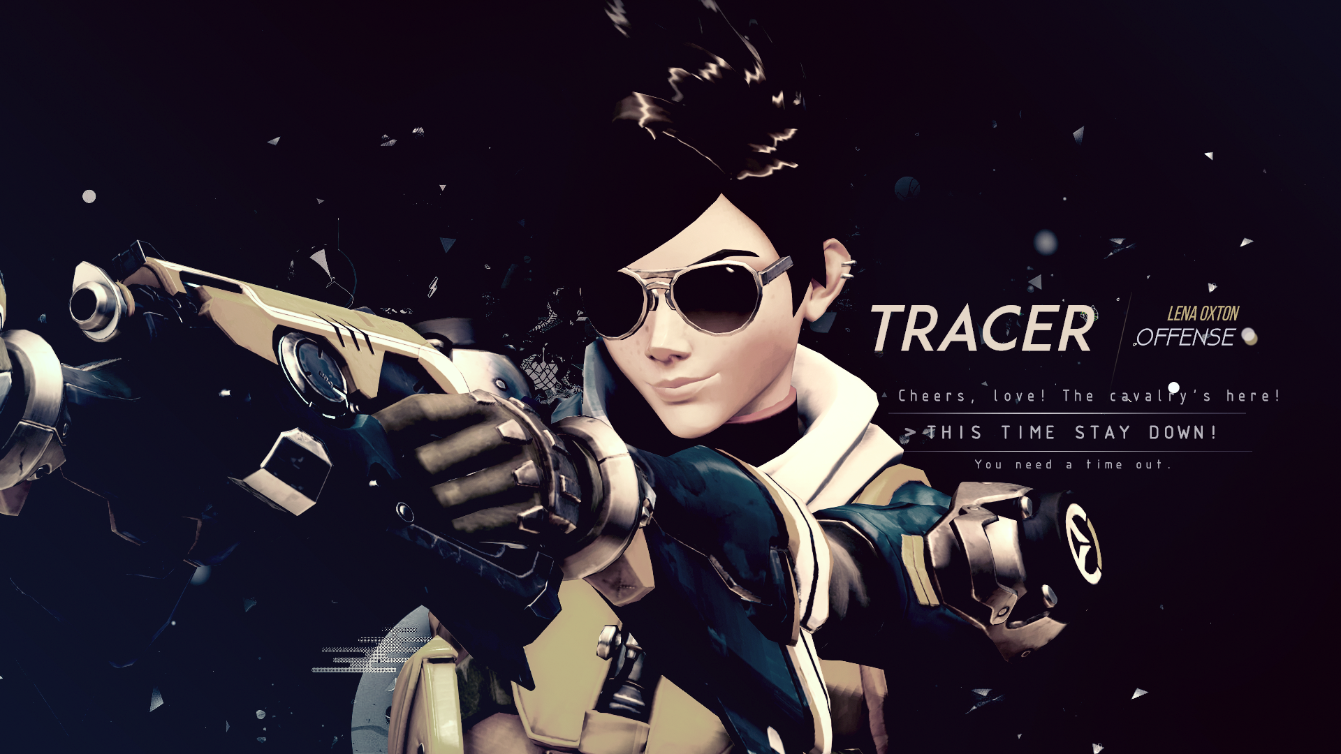 HD wallpaper featuring Tracer from Overwatch, showcasing her iconic pose and attitude, capturing the essence of the video game’s dynamic action and vibrant character design.