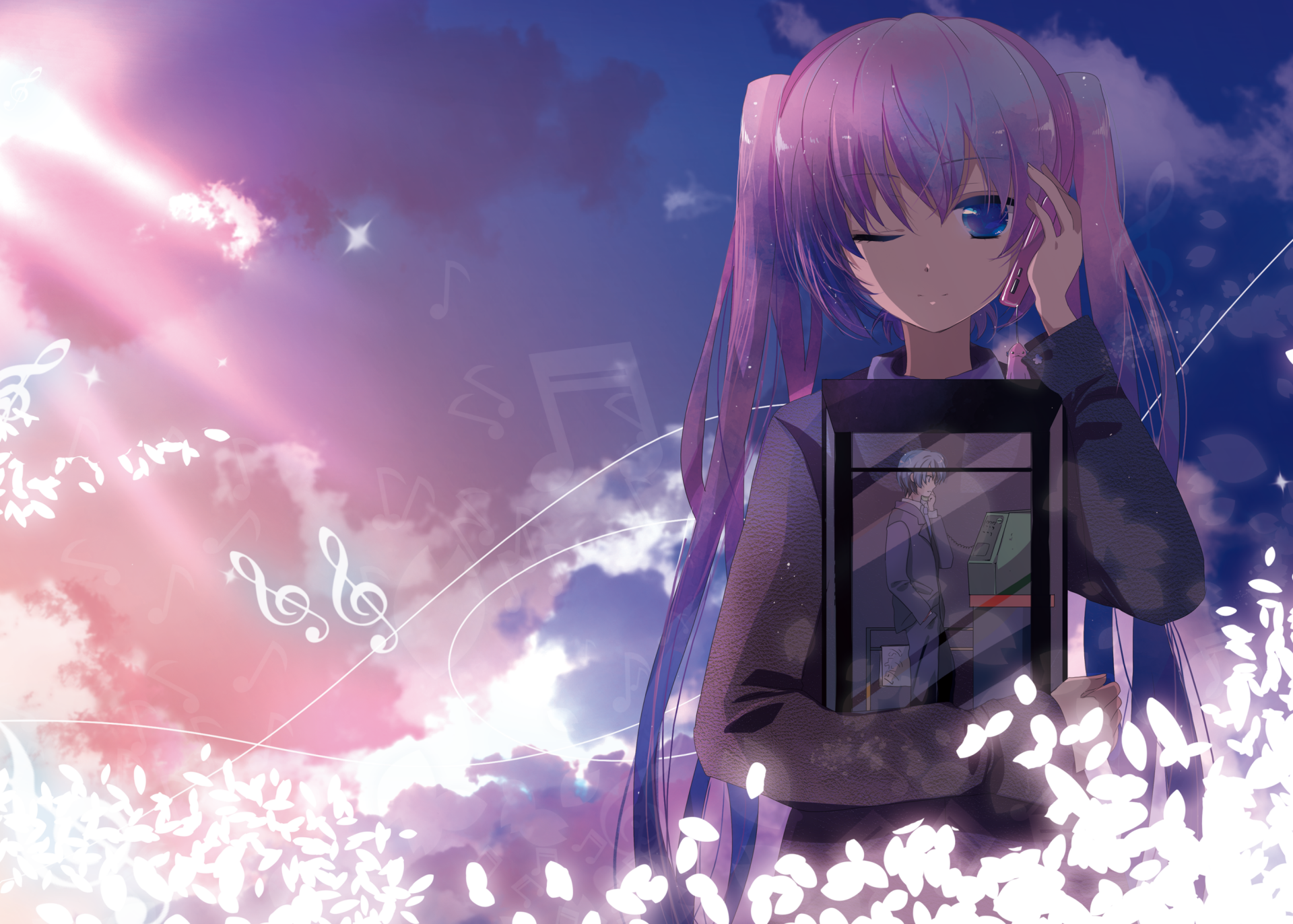 HD anime desktop wallpaper featuring Hatsune Miku from Vocaloid, surrounded by glowing musical notes against a dreamy sky backdrop.