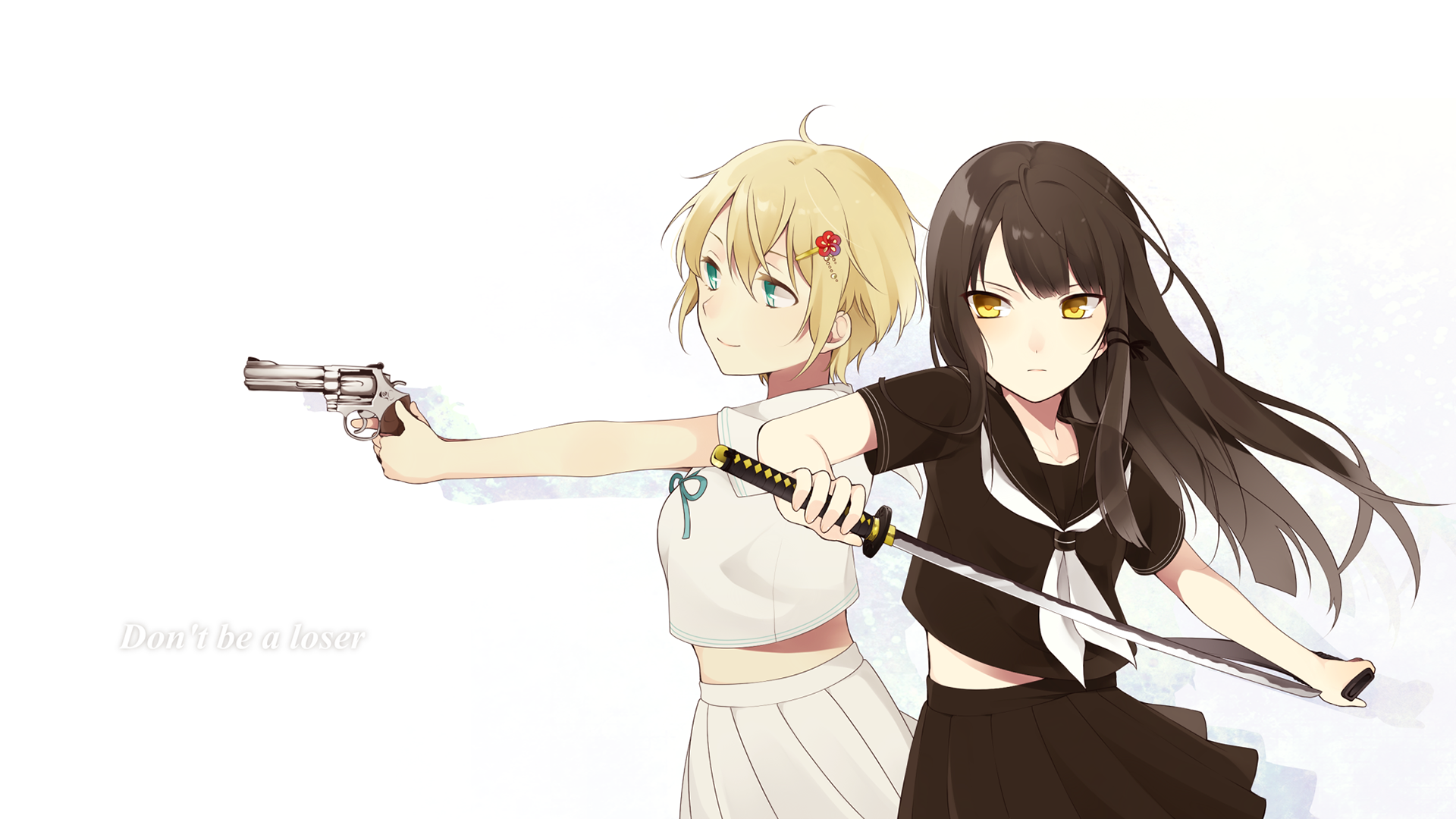 HD anime original artwork depicting two girls, one with blonde hair holding a gun and the other with dark hair wielding a katana, designed as a PC desktop wallpaper.