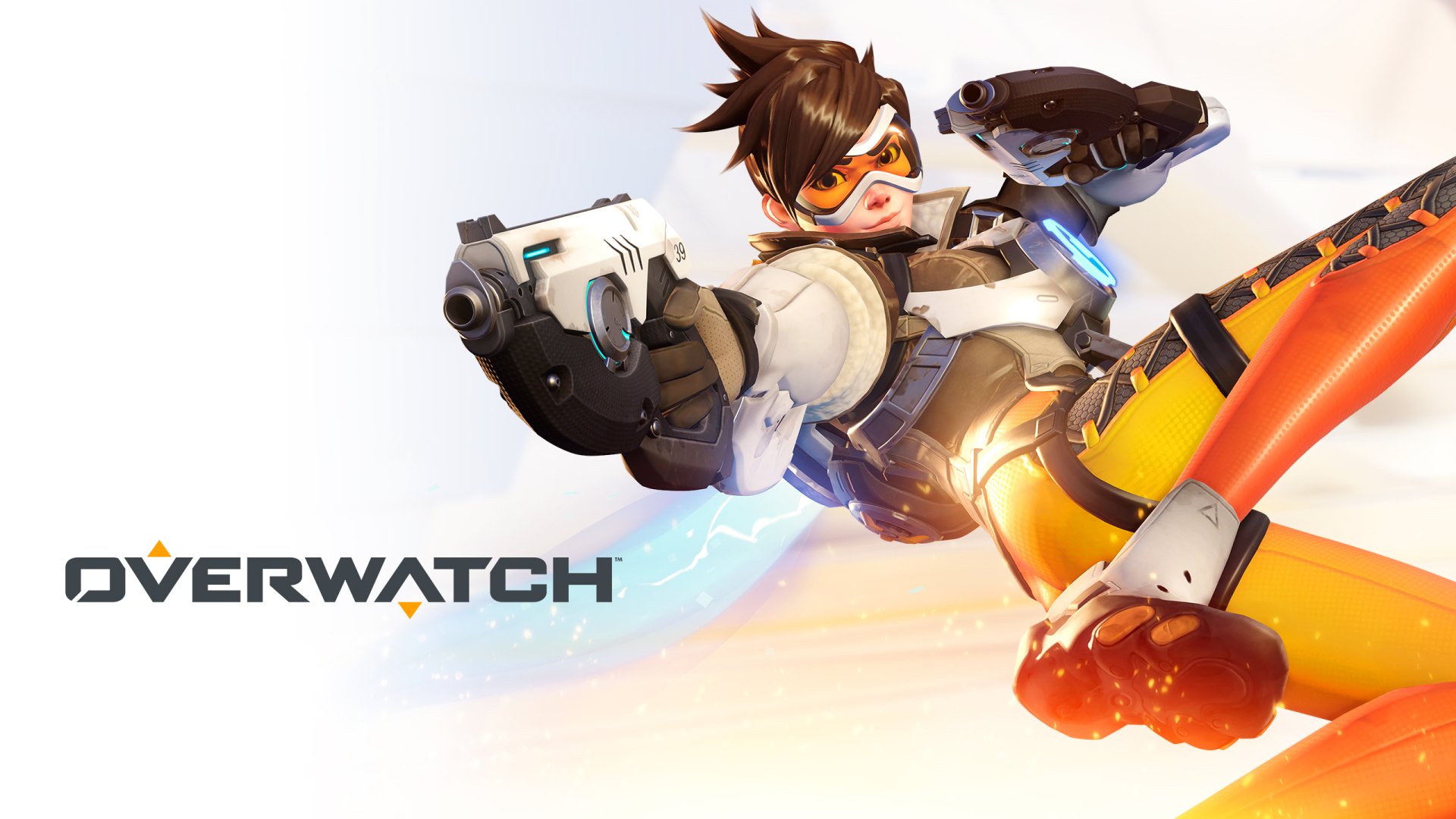 HD desktop wallpaper featuring Tracer from Overwatch, a popular video game character, in an action pose with the game's logo prominently displayed.
