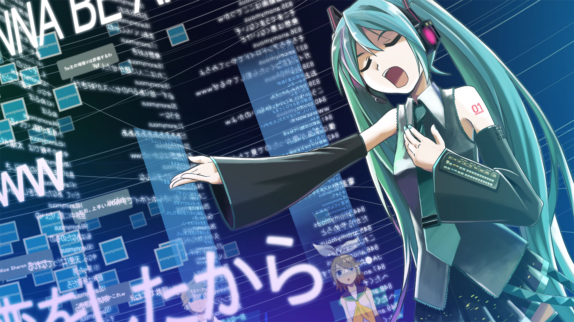 HD PC desktop wallpaper of Vocaloid anime: Hatsune Miku singing with outstretched arm against a blue digital-text background; Rin Kagamine appears smaller in the lower background.