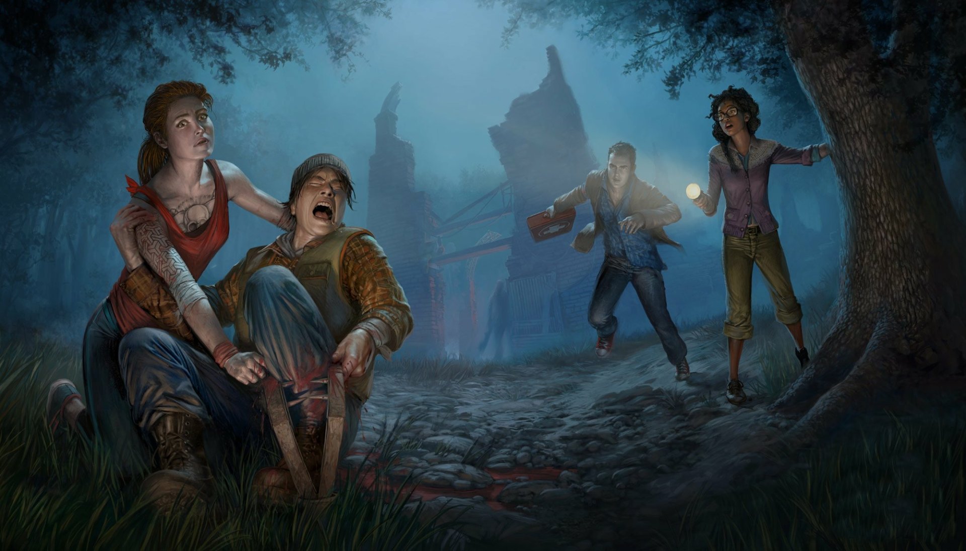 An HD desktop wallpaper from the video game Dead By Daylight, depicting four characters in a dark, eerie forest with an old building in the background.