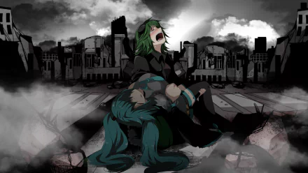 HD PC desktop wallpaper featuring anime-style Vocaloid characters GUMI and Hatsune Miku in a dramatic, ruined cityscape setting.