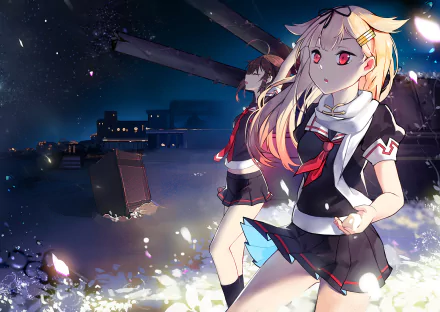 A vibrant HD wallpaper featuring Shigure and Yuudachi from Kantai Collection, set in a nighttime scene with a detailed background and anime-inspired artwork.