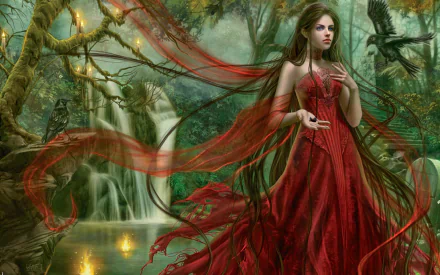 A woman in a flowing red dress stands amidst a mystical forest, with a serene waterfall and ethereal elements in the background, creating a captivating fantasy setting.