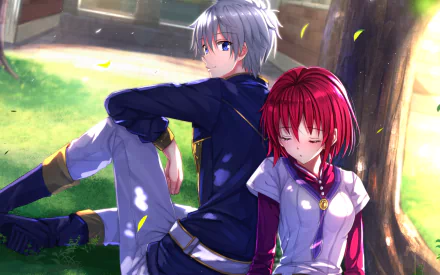 Anime HD wallpaper featuring Zen Wistalia Clarines and Shirayuki from Akagami no Shirayuki-hime (Snow White with the Red Hair), sitting together under a tree with a serene backdrop.