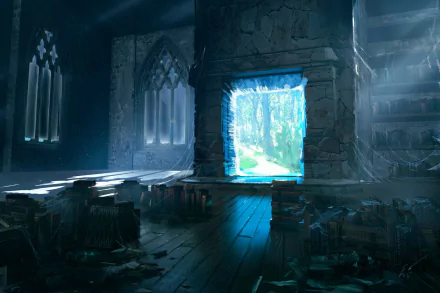 A mystical library scene featuring a glowing portal surrounded by ancient books and stone architecture, evoking a sense of fantasy and adventure. HD wallpaper for desktop.
