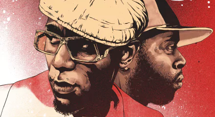 An artistic illustration featuring two male figures, embodying the essence of rap music, set against a vibrant background. This HD wallpaper adds a dynamic touch to any desktop.
